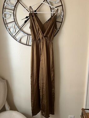 Zara Olive Green Satin V-Neck Maxi Jumpsuit with Spaghetti Straps